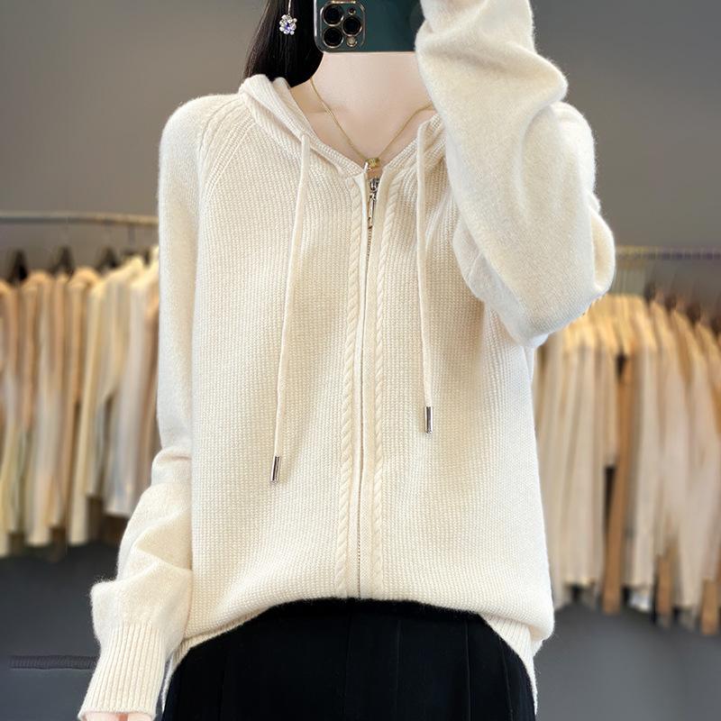 New Knitted Jacket Women's Premium 24 Autumn and Winter Fashion Versatile Hooded Zipper Sweater Cardigan