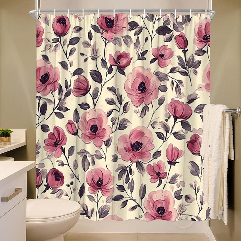 Polyester Shower Curtain - Pink Peony Floral on Soft Cream, Vintage Romantic Aesthetic, Washable & Line Dry, Bathroom Decor