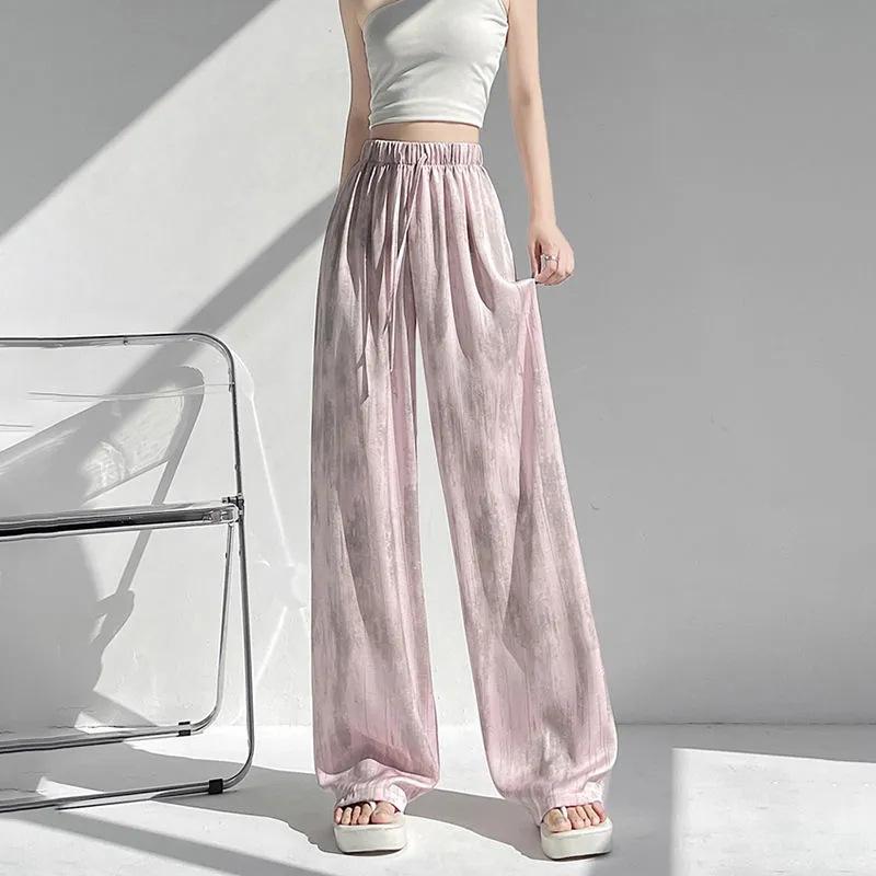Spring Summer Retro Ice Silk Tie Dye Wide Leg Pants for Women Loose Straight Casual Leg Women's Pants