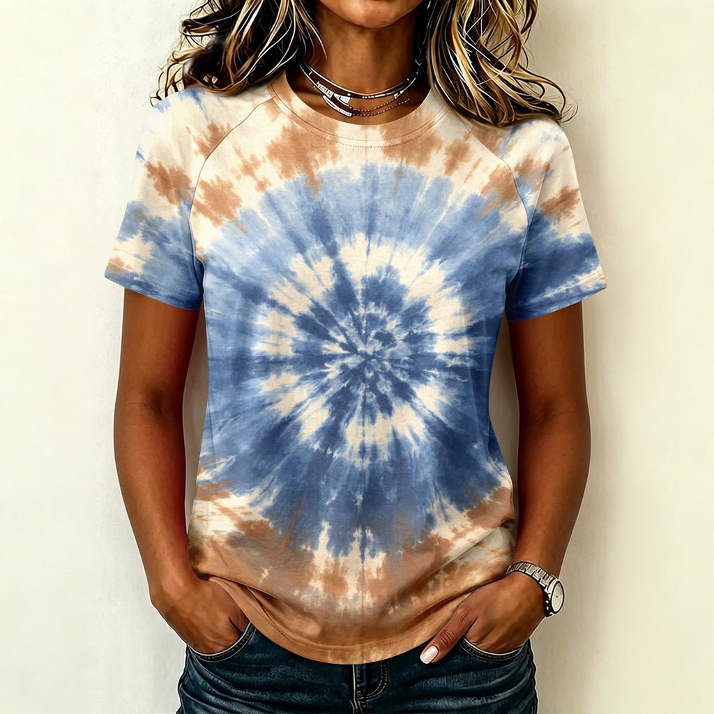 Damen Freizeit Kurzarm Raglan T-Shirt Rundhals Batik-Print Leichtes Weiches Gewebe Sommer Oberteil