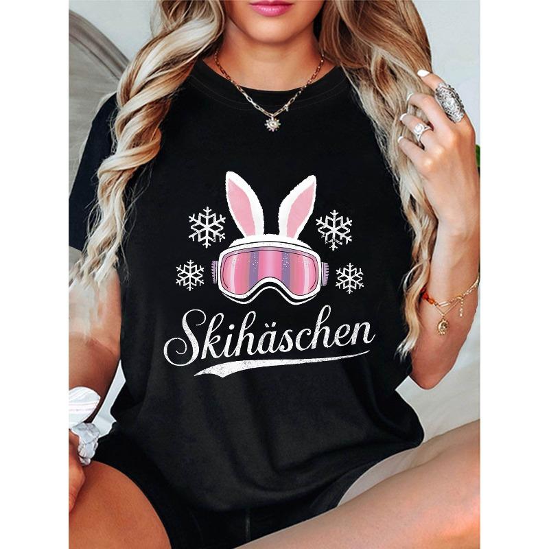 

German Ski Hares Skiing Rabbits Snowflake Winter Element Letter Print Women S Round Neck Spring Summer T-Shirt S чёрный