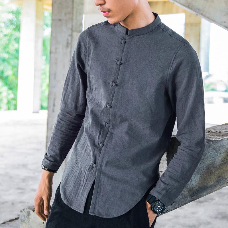Linen Shirt Retro Buckle Slit Slim Top 