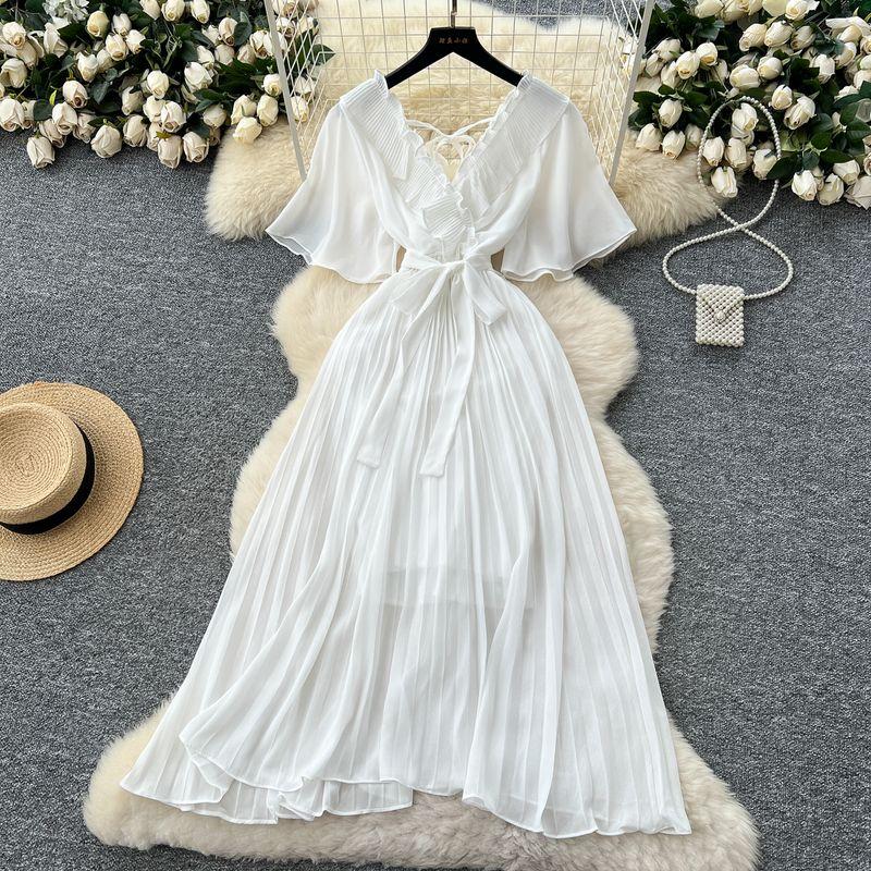

French style Niche Design Sense V-neck Bell Sleeve Strap Waist Hugging Dress Women Slimming Temperament Drape Pleated Long dress White All yards