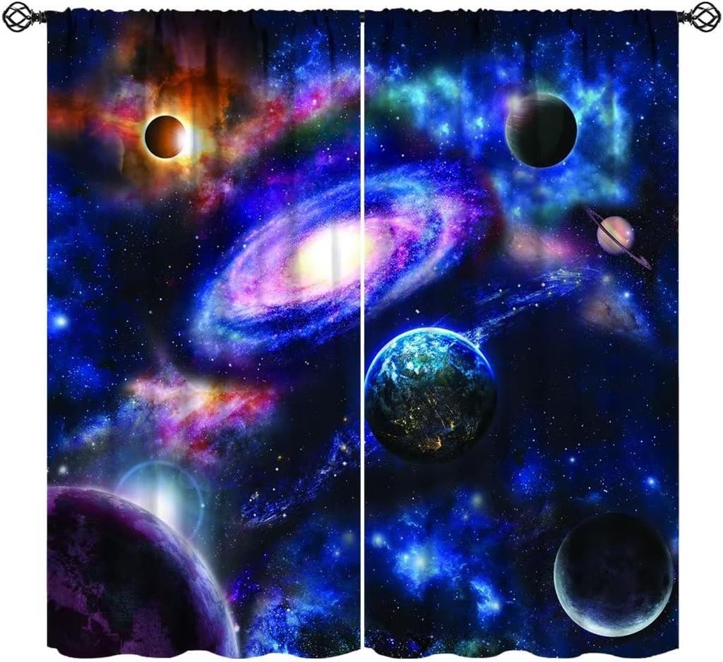 Conjunto de cortinas de porta com tema espacial 2 peças com design de galáxias, cortinas de painel de poliéster para vários tratamentos de janela de sala