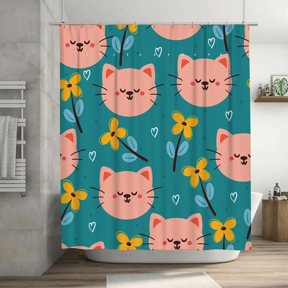Cat Print Shower Curtain with Yellow Flowers Design for Bathroom Decor 3D Printed Waterproof Fabric Material Size:60x72 Inches