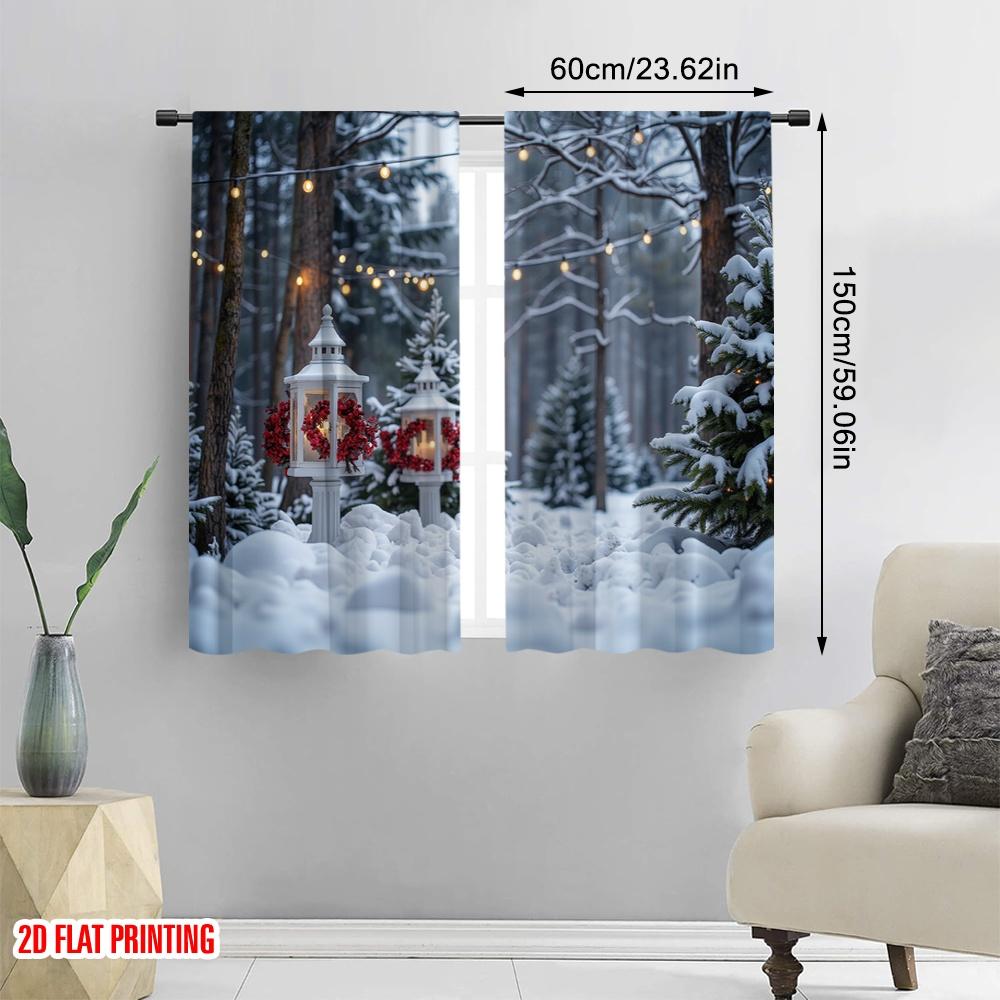 Flat Printing Christmas Curtain Winter Forest Polyester Without Electricity Family Party Use Holiday Set Of 2 Made Washable