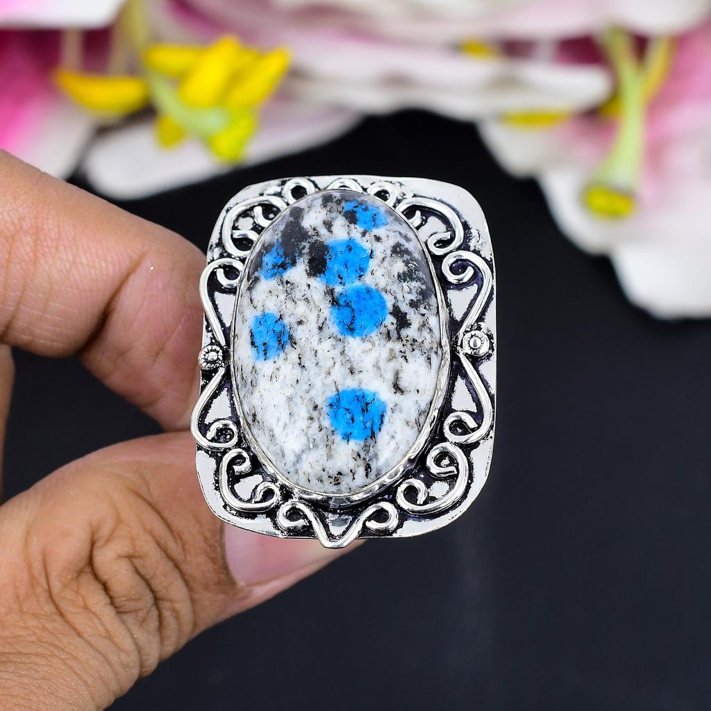 K2 Blue Azurite Gemstone Handmade 925 Sterling Silver Jewelry Ring Size 9 KG-1664