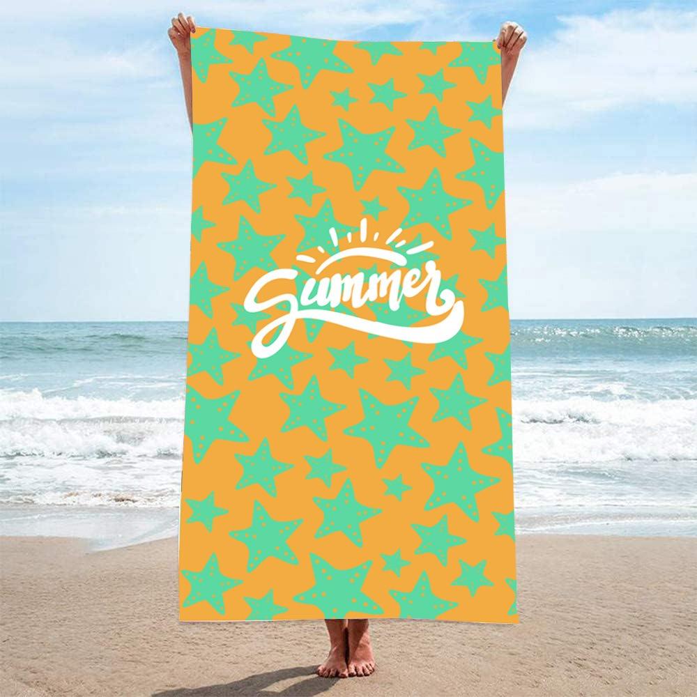 Orange Beach Towel Green Starfish Print Sandproof Bath Towel Summer Vacation Quick Dry Microfiber Blanket for Surfing Seaside
