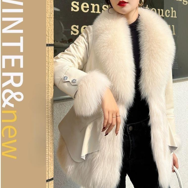 Winter Women's  Faux Fur Coats Slim V Neck Faux Fox Fur Coat Thickened PU Leather Jacket with Fur Collar