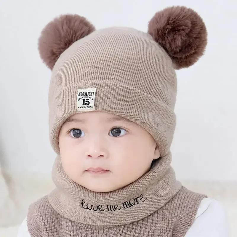 Gorros de malha para bebês quentes de inverno com cachecol, gorros de malha para crianças, cor sólida, chapéu infantil para crianças, meninos e meninas, acessórios