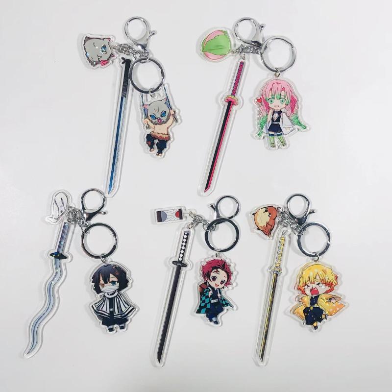 Demon Slayer Keychain Acrylic Charm with Sword Tanjiro Zenitsu Nezuko Anime Cosplay Accessories