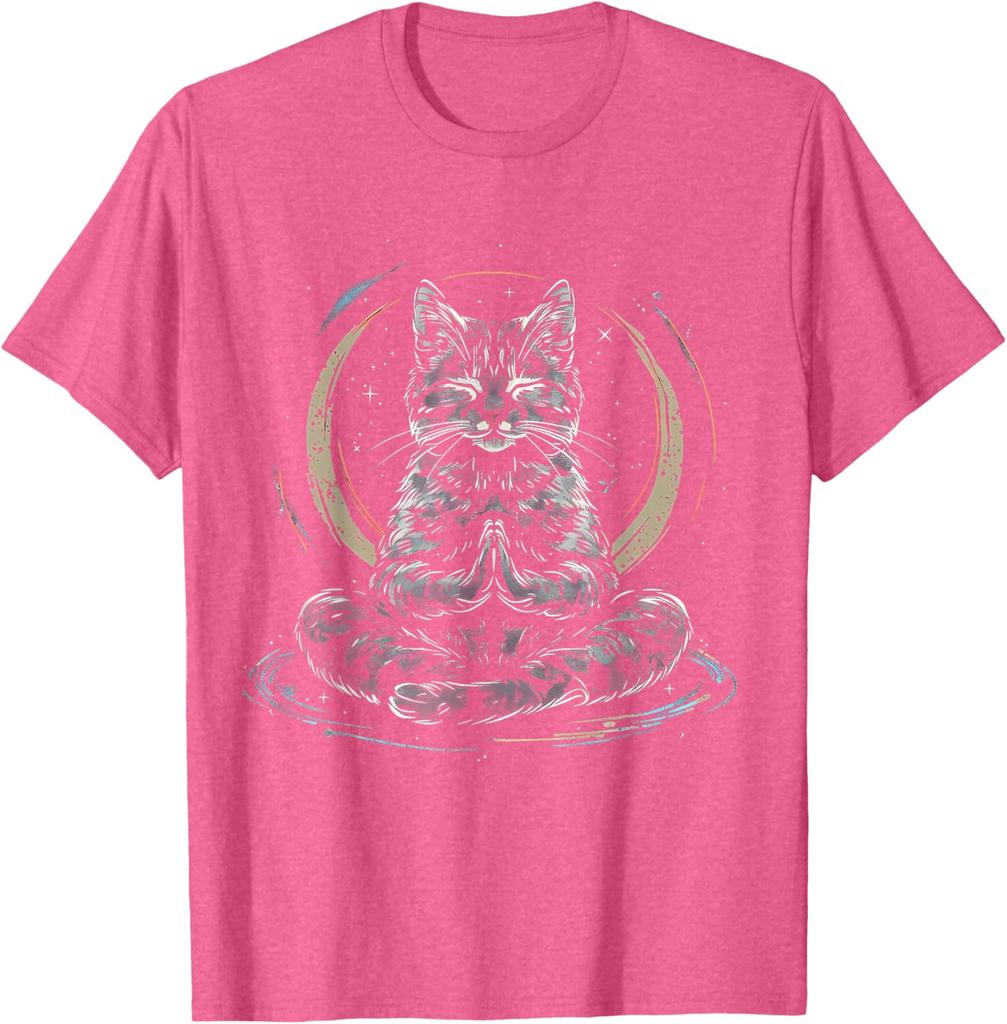 Cosmic Meditation Cat Spiritual Yoga Zen Buddha Graphic Tee Men's Casual Cotton T-Shirt