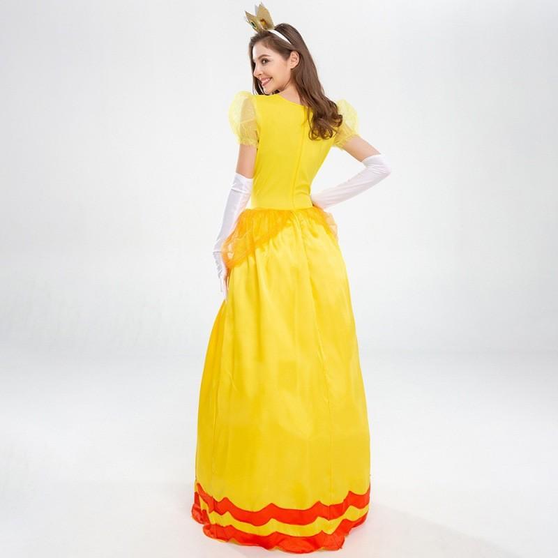 Elegante Vestito Costume da Principessa Daisy con Guanti e Copricapo per Divertimento di Halloween