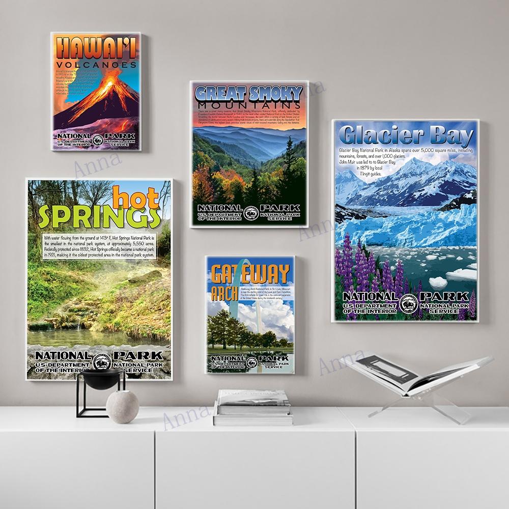 National Park Print Mountain Vintage Art Canvas Painting Travel Cities Posters Retro Landscape Wall Art Picture for Living Room