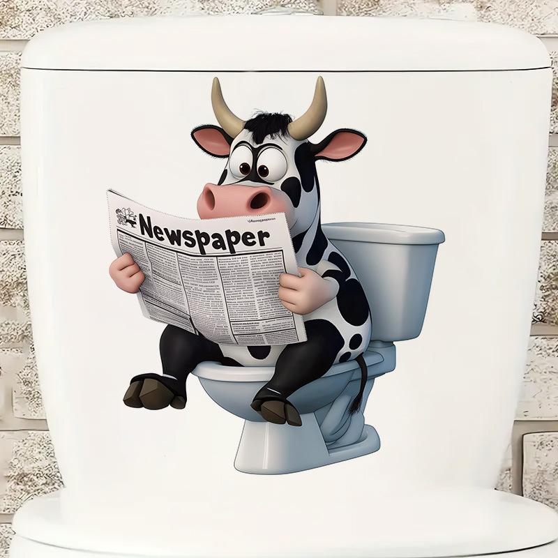 3D Funny Cow Reading Newspaper On Toilet Wall Sticker Self-Adhesive Waterproof Removable Bathroom Home Decor Art