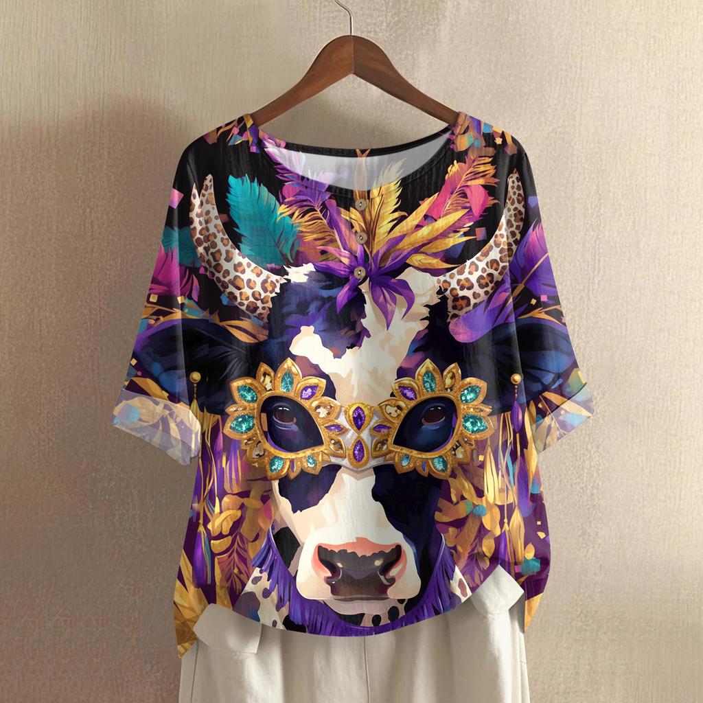 Damska casualowa i wygodna bawełniano-lniana bluzka z okrągłym dekoltem, średniej długości, z modnym nadrukiem