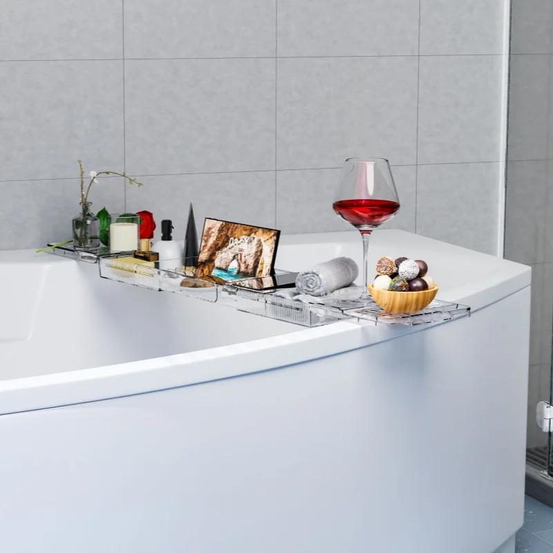 Bathtub Tray Acrylic Shelf Retractable Storage Rack Wine Tablet Book Half Bath Tray Bathroom Organization Bathtub Accessories