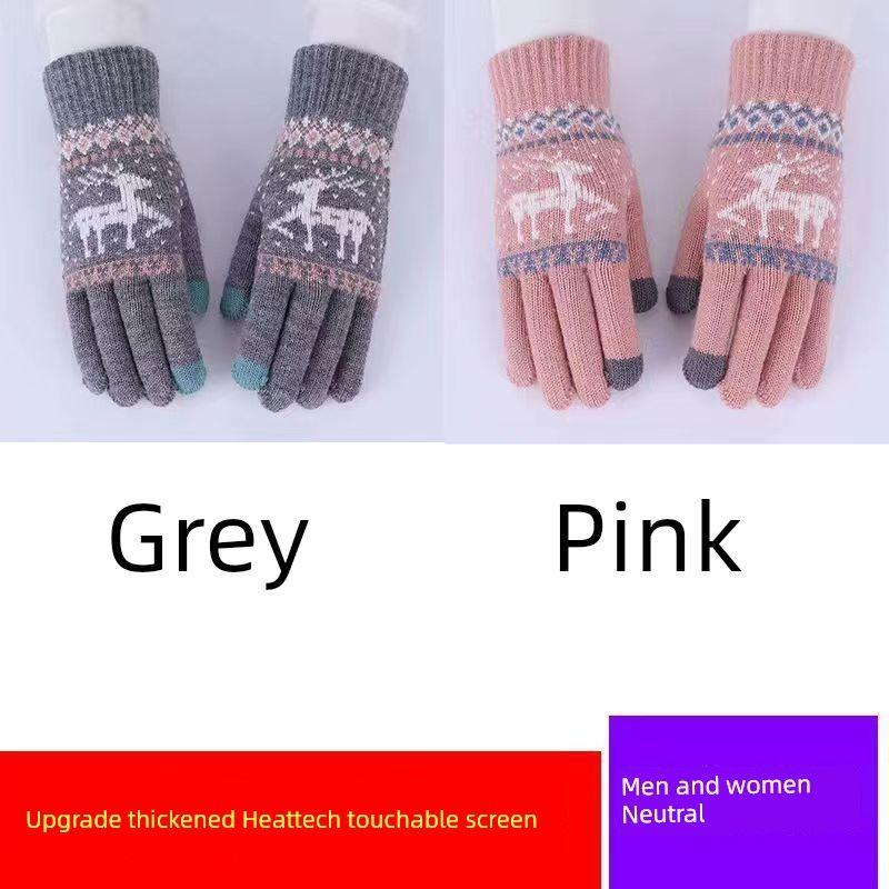 

Touch Screen Female Knitting Wool Deer Cartoon Gloves Gray for pink One size
