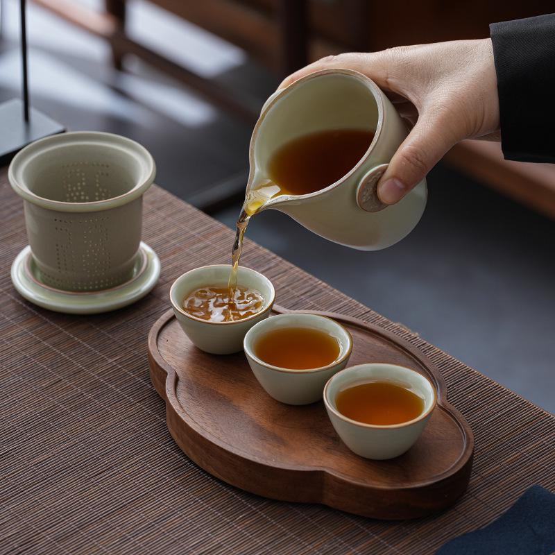 Compact Ru Kiln Travel Tea Set: Portable Quick-Brew Teapot & Teacups for One