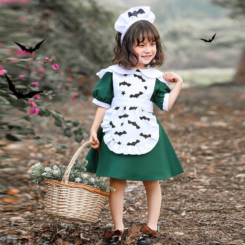 Girls Halloween Cosplay Costume Anime Maid Bat Print Green Party Dress Kids Performance Dancewear