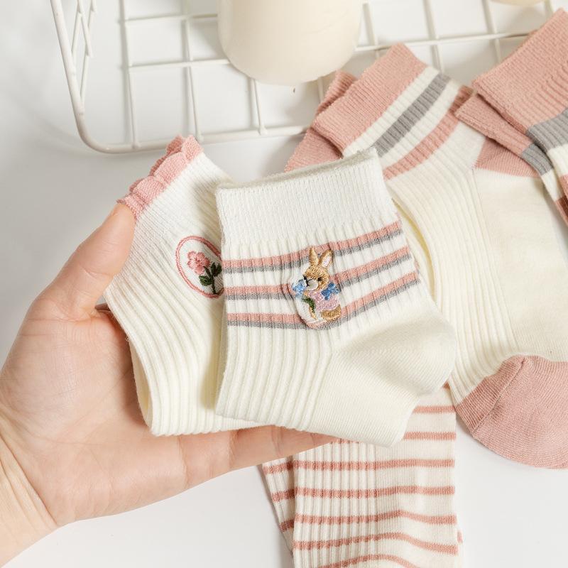 5/10 Pairs Casual Spring Summer Socks for Children Short Cuff Fresh Striped Color Block Boat Socks Academic Style Cute Embroidered Floral Socks