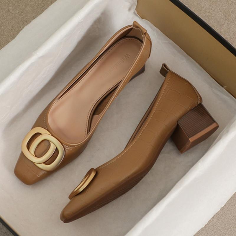 Fashion 2025 New Spring Women’s Chunky Heel Pumps Luxury Low Cut Mid Heels Leather Office  Soft Soled Plus Size 34-43 Single Shoes