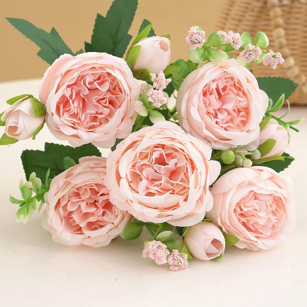 Beautiful Rose Peony Artificial Silk Flowers Small White Bouquet Vases for Home Party Winter Wedding Decoration Cheap Fake Plant