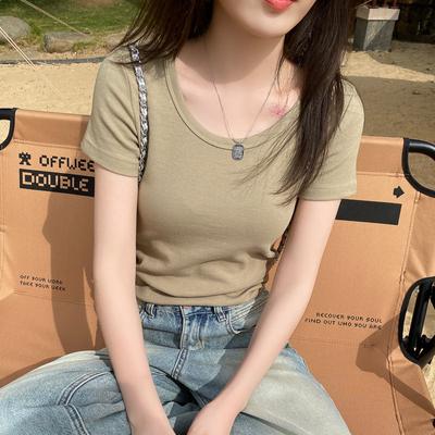 Right Shoulder Short-sleeved T-shirt for Women Summer New Solid Color Round Neck Half-sleeved T-shirt Slim Hot Girl Short Top
