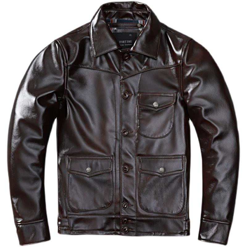 Men Waxed Tea Core Genuine Leather Biker Jacket Slim Fit Stylish Brakeman Coat Trendy Outerwear