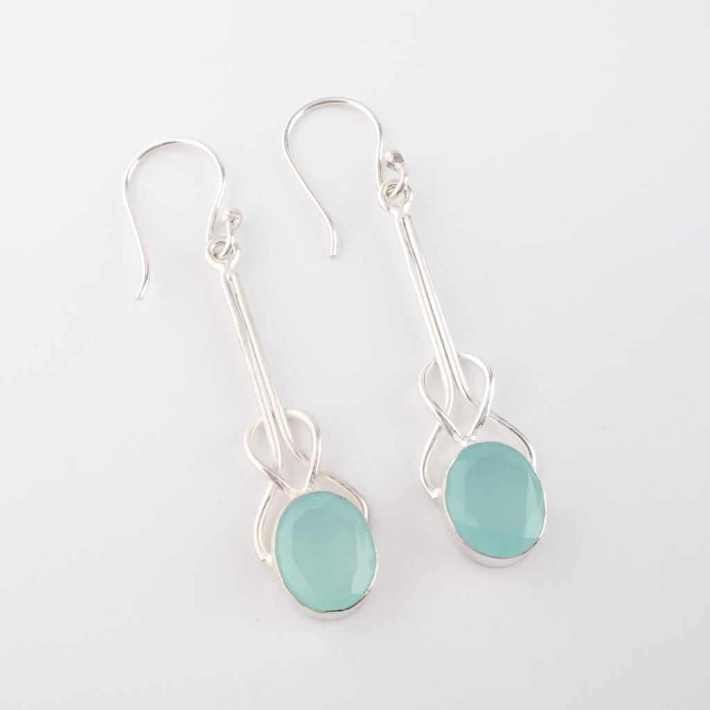Aqua Chalcedony Gemstone 925 Sterling Silver Jewelry Handmade Earrings 1.76" EE-171-17