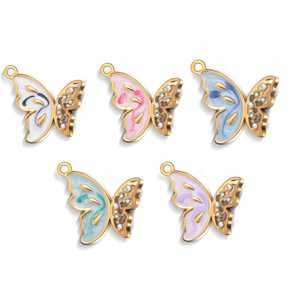 Wholesale 4Pcs/lot Crystal Butterfly Charms Stainless Steel Colorful Enamel Animal Pendant for DIY Necklace Making Supplies