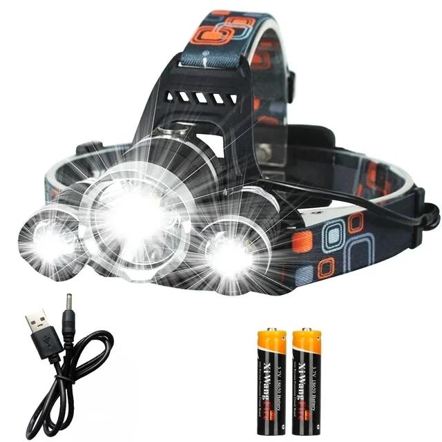 Super Bright 3 Led Headlamp Use 18650 Battery Rechargeable Head Flashlight 4-Mode Outdoor Camping Fishing Hunting Headlight