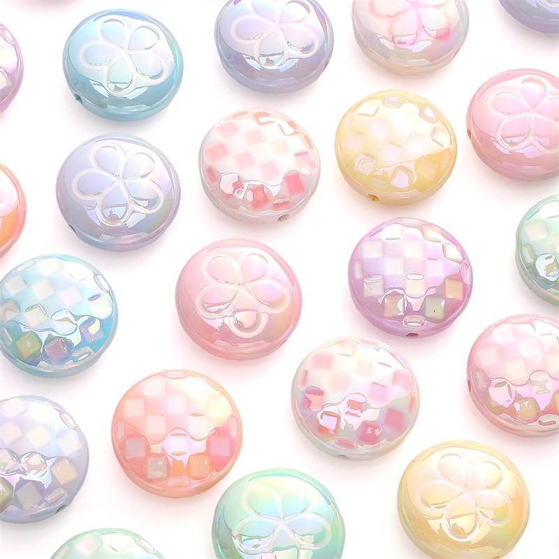 2pcs [25mm] Flat Round Acrylic Beads Plaid Flower Flat Beads For Jewelry Making DIY Pendant Keychain Crafts Findings