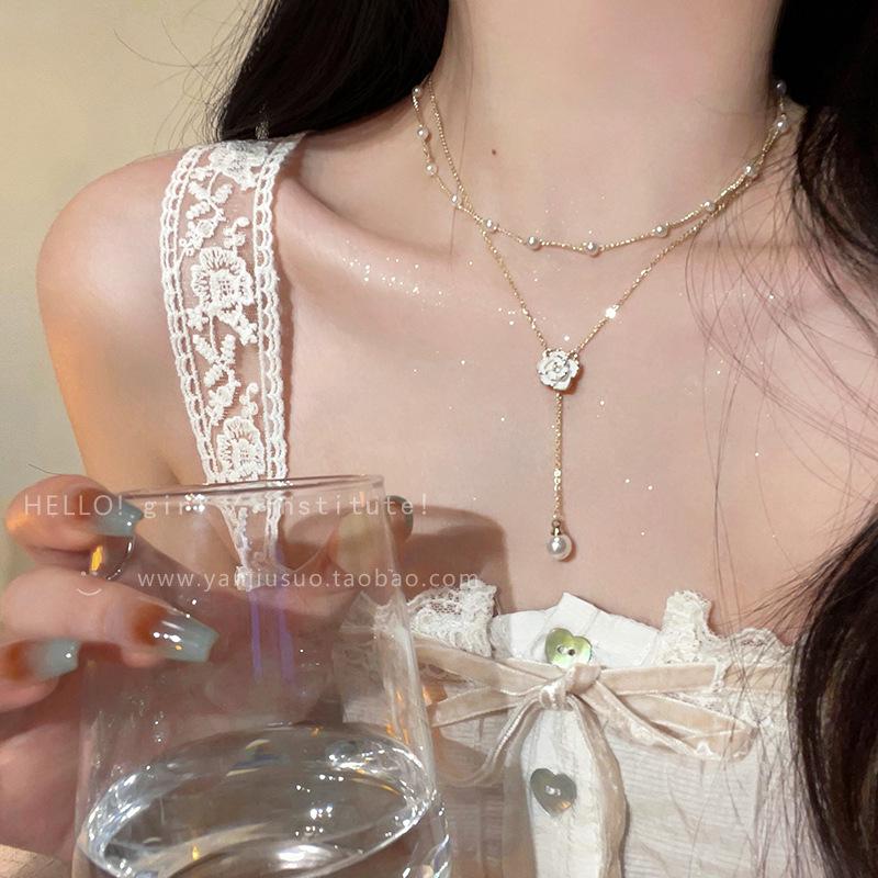 

Elegant Double-Layer Tassel Pearl Necklace with Camellia Pendant - Women s Fairy Style