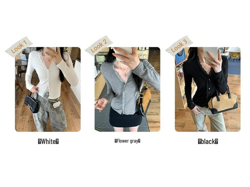 Elegant V-Neck Korean Style Knit Cardigan with Lace Trim for Women, Slimming Autumn Long-Sleeve Top