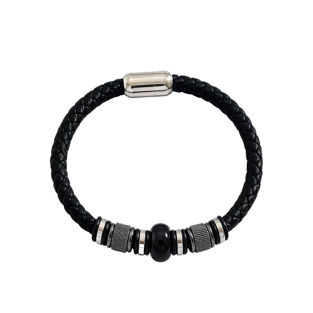 Custom Jewelry No Tarnish 5Pcs Black Cowhide Bracelet Set Silver Spacer Natural Stone Stackable Wrist Jewelry Men Street Style