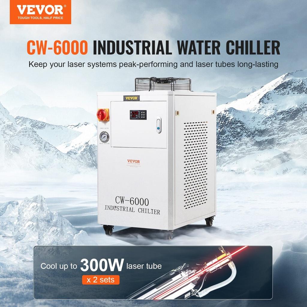 Industrial Water Chiller CW6000, 1500W Water Chiller Cooling System with Compressor, 15L Water Tank Capacity, 65L/min Max Flow Rate, for CO2 Laser