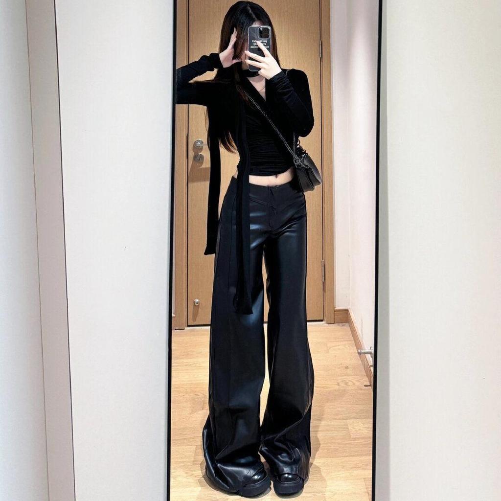 Übergröße High Waist PU Leder Schlaghose für Damen - Herbst Relaxed Fit, Schlankmachender Fall, Langer Weitbeiniger Stil.