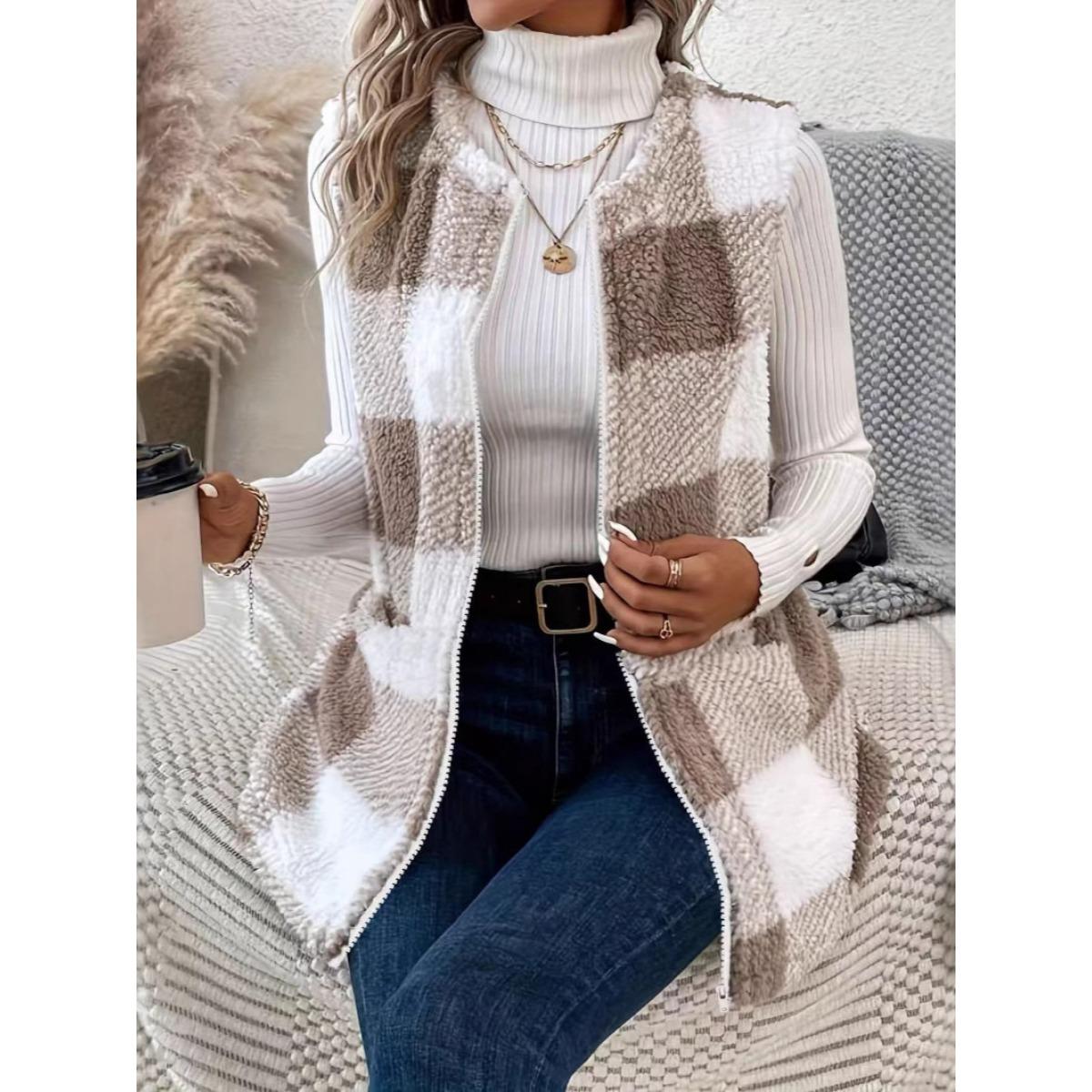 Women s Plaid Print Reversible Fleece Vest Zip Pocket Open Front Casual Cardigan Waistcoat, Popular Crossborder Fashion Top for Women S хаки