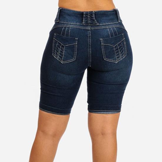 Mid Rise Pockets Buttons Fly Short Jeans Knee Length Stretchy Denim Shorts for