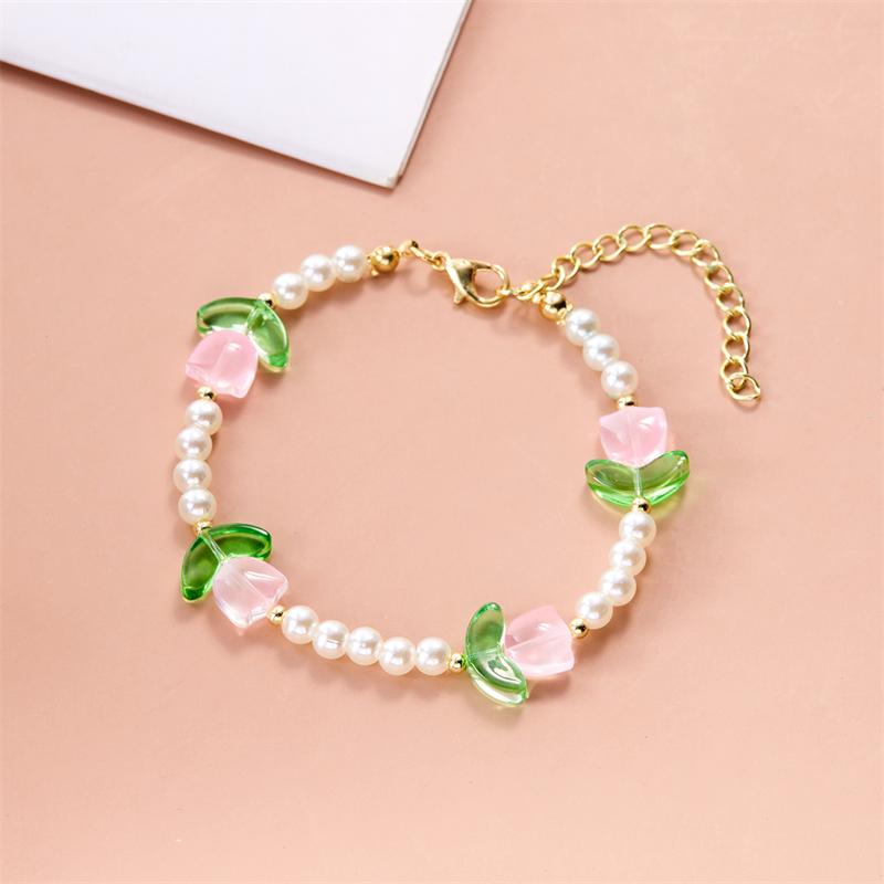 New Fashion Sweet Tulip Flower Necklace Bracelet Set For Women Elegant Pearl Clavicle Chain Necklace Girls Party Jewelry Gift
