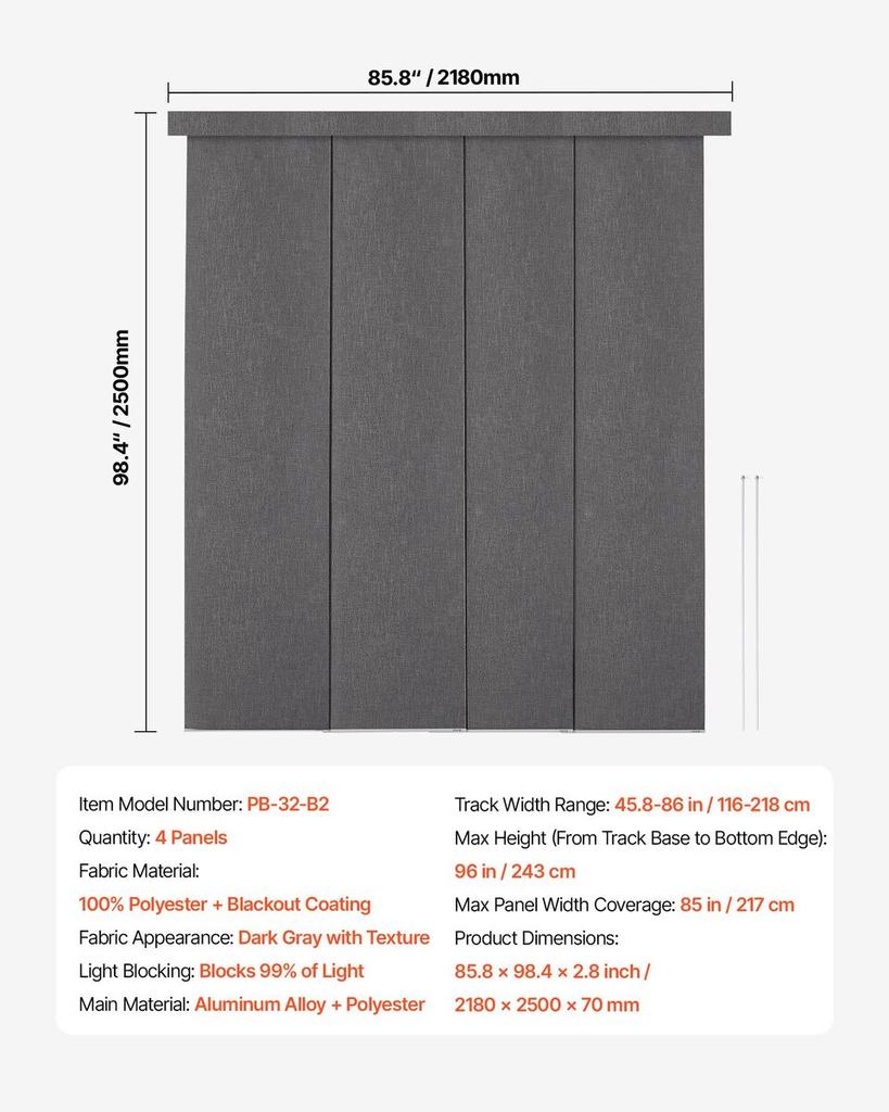 Panel Track Blinds Extendable Track 116 Cm To 218 Cm W Trimmable Dark Gray