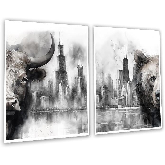 Gnosis Picture Archive Bull and Bear Chicago City Skyline Abstract Watercolor Gray and White Unframed set of 2 Wall Art Poster, Stock Market Day
