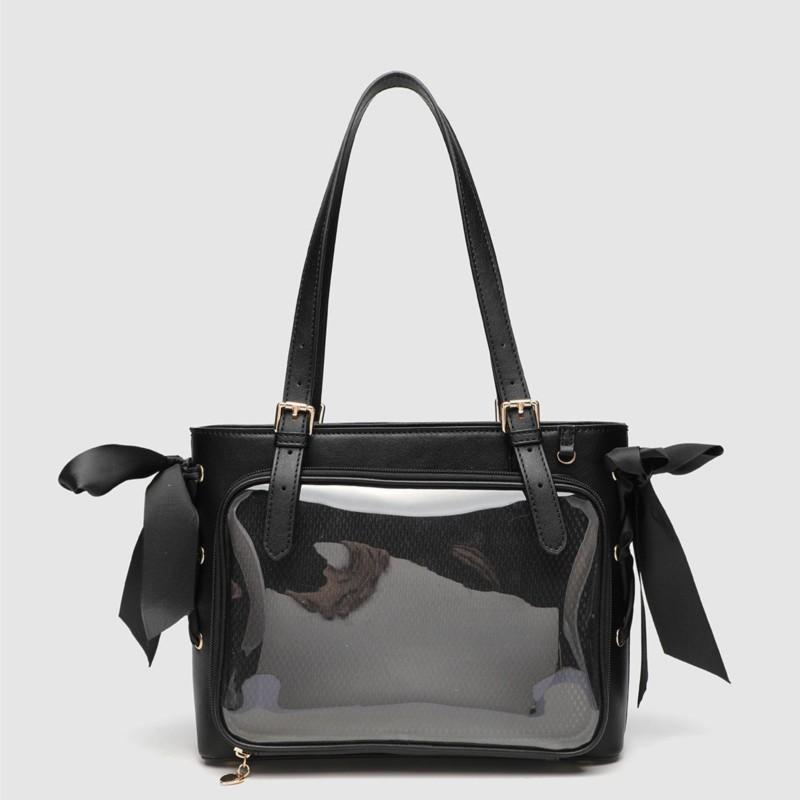 Schoolbag Women's Black Harajuku Ita Bag Double Bow Minimalist Tote Bag Large Capacity Leather Refined Shoulder Bags Y2k Aesthetic
