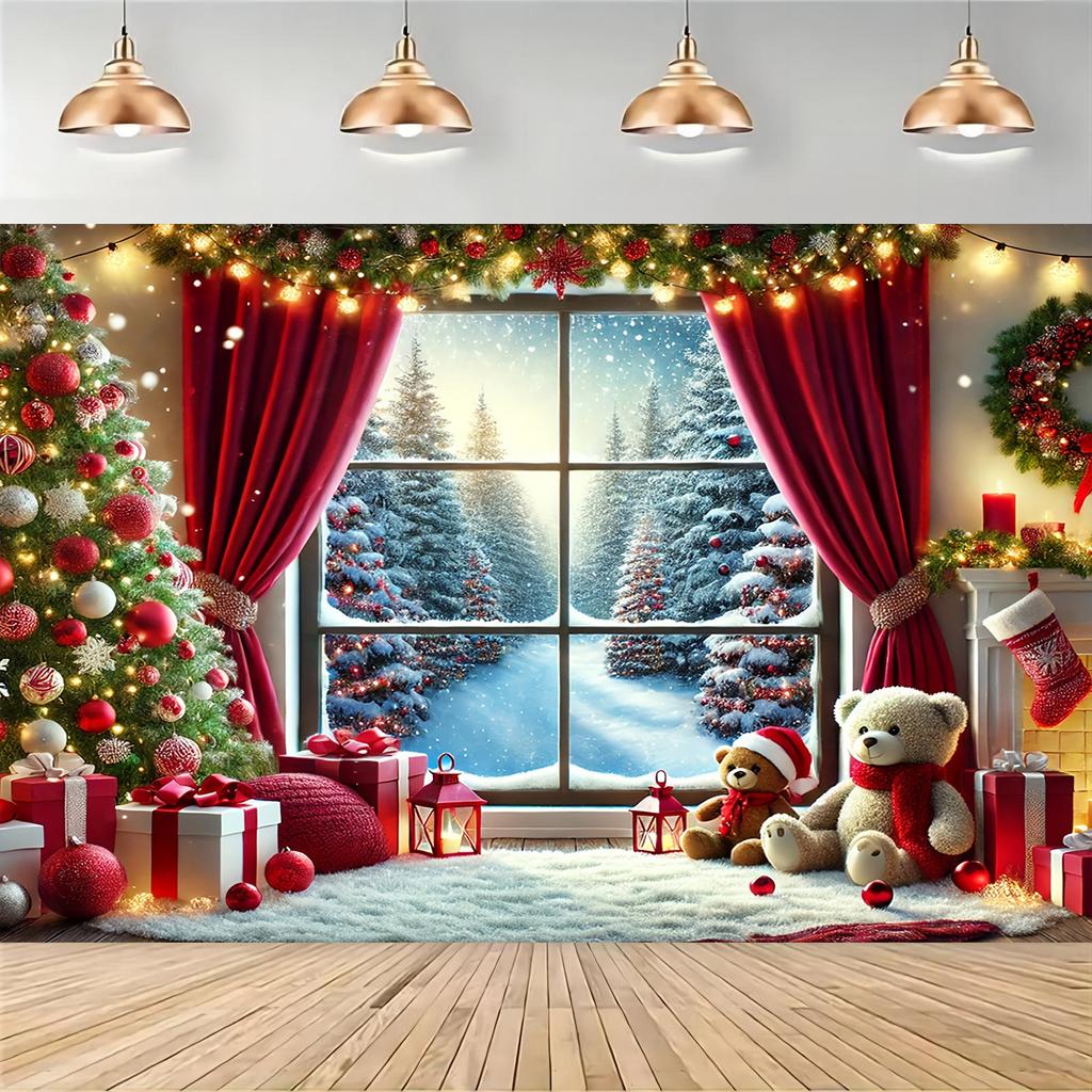 1pcs Winter Wonderland Christmas Background Cloth Featuring Trees Gifts and Snowflakes Suitable for Halloween