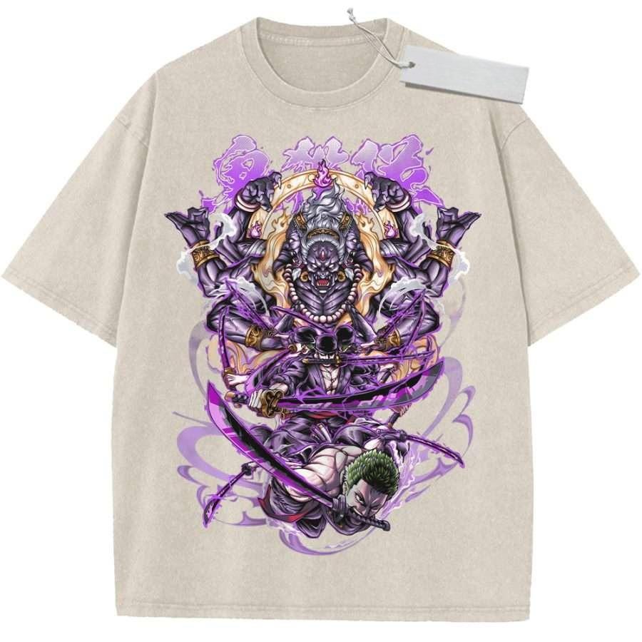 Vintage Washed TShirt One Piece Anime Luffy Sun God Nika Gear Print Oversized Streetwear for Casual Daily Campus