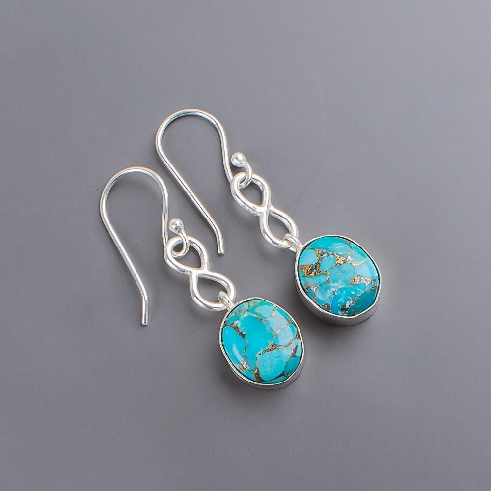 Pierre Précieuse Turquoise Cuivre Bleu Bijoux Argent Sterling 925 Boucles d'Oreilles Pendantes 1,60" EE-12-36