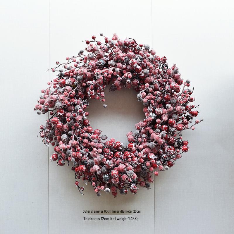 Handmade Christmas Wreath with Red Berries & Green Leaves on Steel Ring for Door Decoration