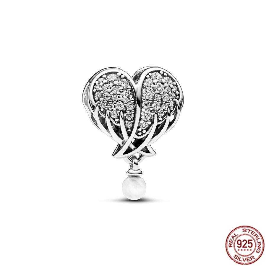Fine S925 Sterling Silver Love You Mom Double Heart Split Dangle Charm Beads Fit Original  Bracelet DIY Women Jewelry Gift