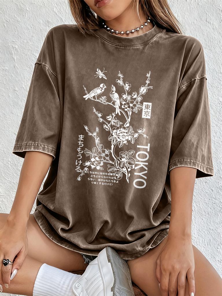 Tokyo Flowers And Birds Cotton Washed TShirts Womens Summer Oversized T Shirt ONeck Short Sleeve Tops Casual Women Clothes